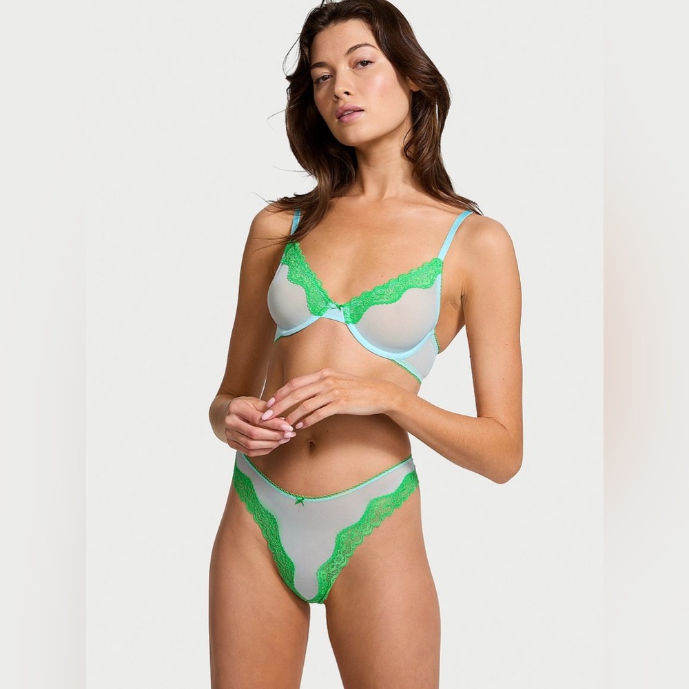 NWT Victoria’s Secret Tease Mesh Lace-Trim High-Leg Thong Cool Down Blue Size XS